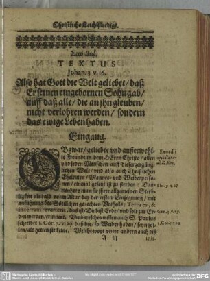 Leichenpredigt : Christliche LeichPredigt. Textus. Eingang. Tractatio
