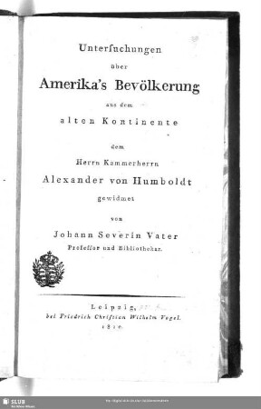 Untersuchungen über Amerika's Bevölkerung : aus dem alten Kontinente