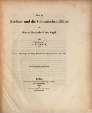 Über die Berliner und die Vaticanischen Blätter der ältesten Handschrift des Virgil