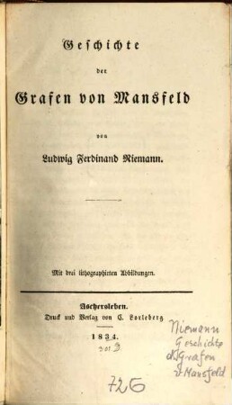 Geschichte der Grafen von Mansfeld : mit drei lithogr. Abbild.