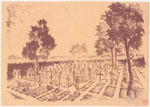 Erweiterung der Friedhöfe, Stolp: (Lichtpause von Inv.-Nr. 41180): Perspektivische Ansicht mit Blick auf ein Gräberfeld mit Grabkreuzen; Stempel