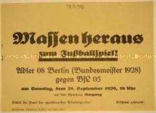 Aufruf der oppositionellen Arbeitersportler zum Fußballspiel der Begegnung Adler 08 Berlin gegen VfL 05 in Hamburg-Altona im September 1929