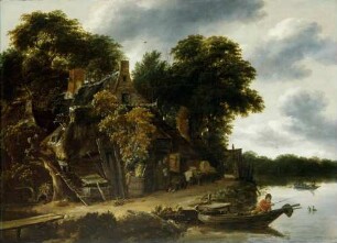 Hütten unter Bäumen am Wasser