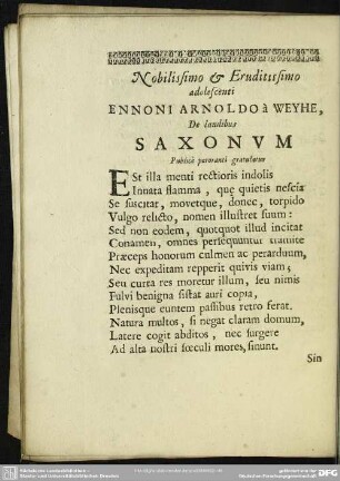 Nobilissimo & Eruditissimo adolescenti Ennoni Arnoldo à Weyhe De laudibus Saxonum Publice peroranti gratulatur