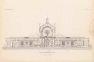 Neuer Friedhof, Karlsruhe: Ansicht von der Straße (aus: Atlas zur Zeitschrift für Bauwesen, hrsg. v. G. Erbkam, Jg. 30, 1880)