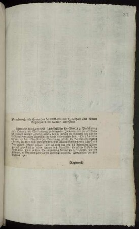 Verordnung, die Heurathen der Soldaten mit Leibeigene oder andern Angesessenen im Lande, betreffend : Zweybrücken den 28ten Martius 1761.