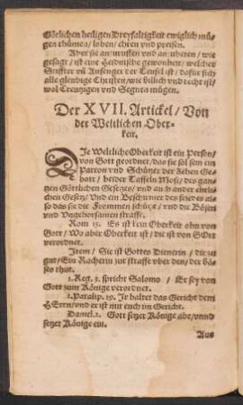 Der XVII. Artickel/ Von der Weltlichen Oberkeit.