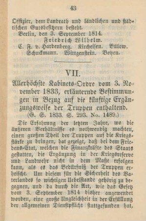VII. Allerhöchste Kabinets-Ordre vom 3. November 1833
