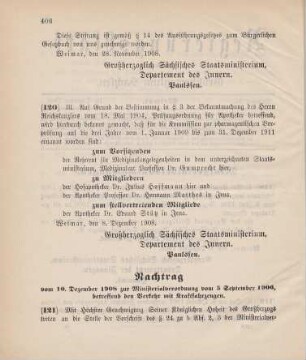 Nr. 121: Nachtrag vom 10. Dezember 1908 zur Ministerialverordnung vom 5. September 1906, betreffend den Verkehr mit Kraftfahrzeugen