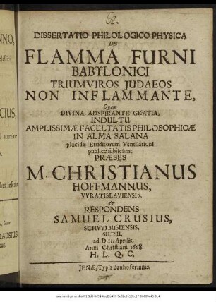 Dissertatio Philologico-Physica De Flamma Furni Babylonici Triumviros Judaeos Non Inflammante