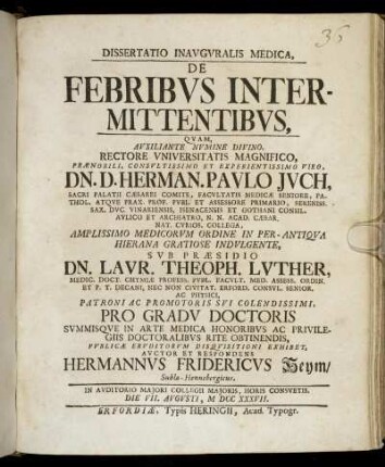 Dissertatio Inauguralis Medica De Febribus Intermittentibus