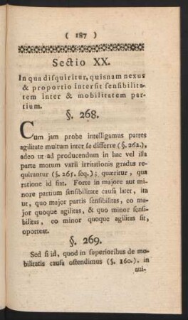 Sectio XX. In qua disquiritur, quisnam nexus & proportio intersit sensibilitatem inter & mobilitatem partium.