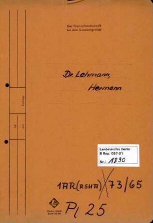 Personenheft Dr. Hermann Lehmann (*12.12.1897), SS-Obersturmbannführer