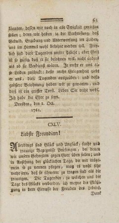 CXLV. Liebste Freundinn!