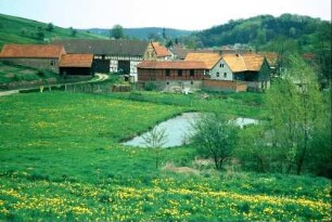 Ortseingang, Teich, Häuser und Kirchturm