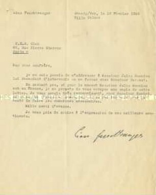 Handsignierter Brief von Lion Feuchtwanger an den PEN-Club in Paris (in französischer Sprache)