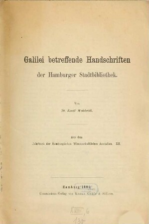 Galilei betreffende Handschriften der Hamburger Stadtbibliothek
