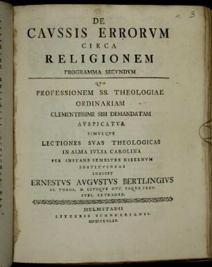 De Cavssis Errorvm Circa Religionem Programma Secvndvm