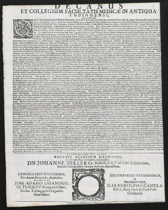 Decanus Et Collegium Facultatis Medicae In Antiqua Tubingensi, Lector. Benevol. Salut.