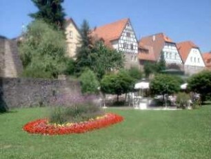 Stadtbefestigung - Ansicht im Süden mit Stadtmauer (aufgebaute Häuser) sowie vorgelagerter Zwingermauer und Stadtgrabenvorfeld