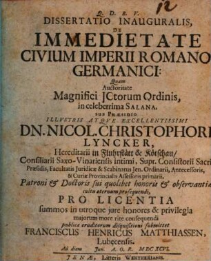 Dissertatio Inauguralis, De Immedietate Civium Imperii Romano-Germanici