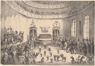 Karikatur, humoristische, satirische Darstellung: verrückte Konzertszene mit tanzenden Teufeln und Krebsen