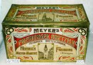 Vorrats-Blechdose für "MEYER'S FREIBURGER BREZELN" (Abbildung des Freiburger Doms)