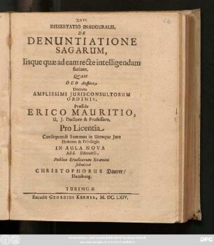 Dissertatio Inauguralis, De Denuntiatione Sagarum, Iisque quae ad eam recte intelligendam faciunt