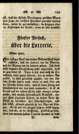 Fünfter Versuch, über die Lotterie