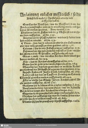 Anzaigung ettlicher miszbreüch, so die Bäbst bald nach der Apostel zeyt erdacht und auffgesetzt haben