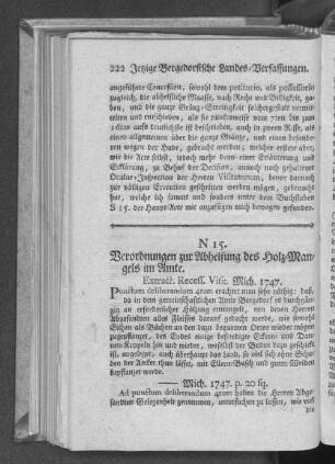 N 15. Verordnungen zur Abhelfung des Holz=Mangels im Amte.