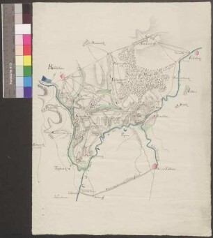 Hultschin-Troppau-Oderberg; [ohne Titel]; ohne Verfasser; ohne Maßstab; 38,5 x 50 cm; Kartenrand: Hultschin-Schillersdorf; Mährisch-Ostrau - Oderberg; Oder; Oppa; Papier; Federzeichnung mit Schraffen; Wälder besonders hervorgehoben; Gewässer und Talauen in Wasserfarben.