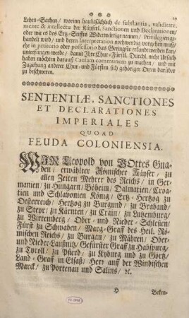Sententiae, Sanctiones Et Declarationes Imperiales Quoad Feuda Coloniensia.