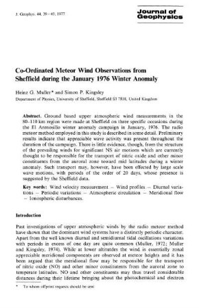 Co-ordinated meteor wind observations from Sheffield during the january 1976 winter anomaly