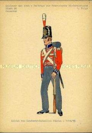 Uniformdarstellung, Gemeiner des Landwehr-Bataillons "Münden", Königreich Hannover, 1814/1815.