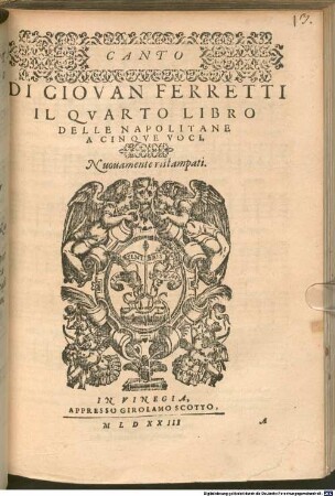DI GIOVAN FERRETTI IL QVARTO LIBRO DELLE NAPOLITANE A CINQVE VOCI