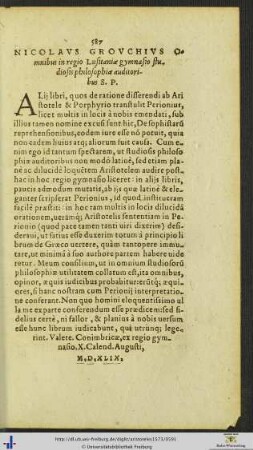 Nicolaus Grouchius Omnibus in regio Lusitaniæ gymnasio studiosis philosophiæ auditoribus Salutem Plurimum