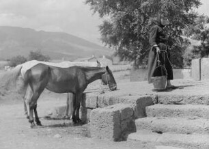 Frau beim Wasserholen und zwei Pferd