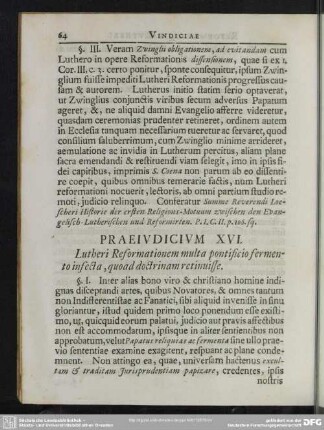 Praeiudicium XVI. Lutheri Reformationem multa pontificio fermento infecta, quod doctrinam retinuisse