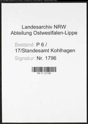 Heiratsregister Standesamt Kohlhagen