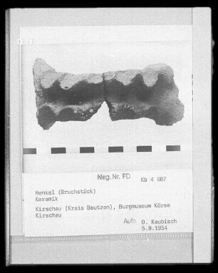 Bruchstück eines Henkels : Bruchstück eines Henkels (Grabungsfund aus dem Umfeld der Burg Körse). Keramik. Schirgiswalde-Kirschau: Burgmuseum Kirschau