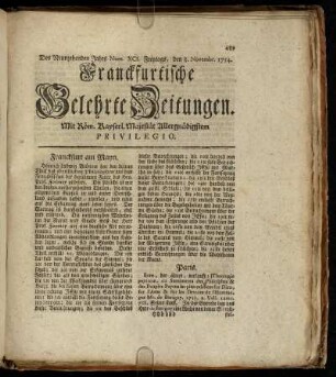 Num. XCI. Freytags, den 8. Novembr. 1754 - Num. C. Dienstags, den 10 Decembr. 1754
