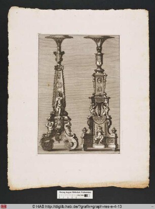 Zwei Kerzenhalter, verziert mit Ornamenten, Grotesken, Mischwesen, floralen Elementen und einer Darstellung der Minerva.