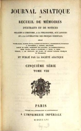 Journal asiatique : périodique semestriel. 8. 1856