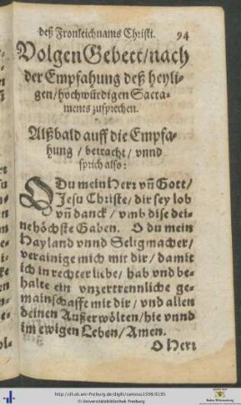 Gebett nach der Empfahung deß heyligen hochwürdigen Sacraments zusprechen
