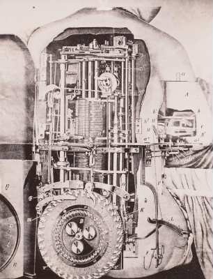 Automatische Puppe (Schreibendes Kind). Blick in den Mechanismus mit den Kurvenscheiben und den Einstellscheiben für das zu Schreibende : Neuchâtel (Schweiz). Automatische Puppe (Schreibendes Kind). Blick in den Mechanismus mit den Kurvenscheiben und den Einstellscheiben für das zu Schreibende. Um 1760 von Pierre Jaquet-Droz