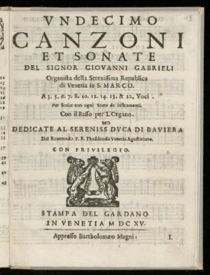 Giovanni Gabrieli: Canzoni et sonate ... a 3.5.6 ... 15 et 22 voci. Undecimo