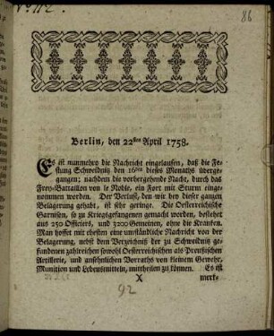 Journal Aus dem Kaiserlich-Königlichen Haupt-Quartier Skalitz, vom 26. bis 29. April 1758