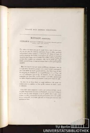 Traité des arbres fruitiers. Royale ordinaire. Cerasus regalis communis, fructu maximo, subrotundo, splendidè coccineo, sapore dulci, suavissimo.
