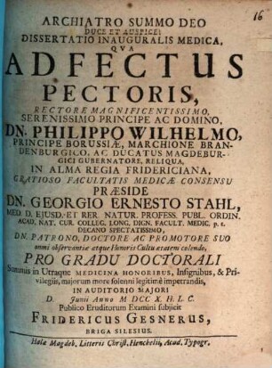 Dissertatio Inauguralis Medica, Qva Adfectus Pectoris